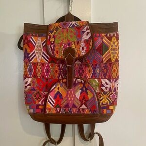Huipil and leather bohemian colorful embroidered extra large backpack